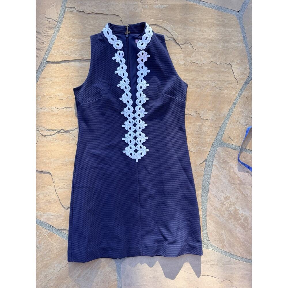 Lilly Pulitzer Navy White Knit Embroidered Shift Dress S Sleeveless High Neck RG